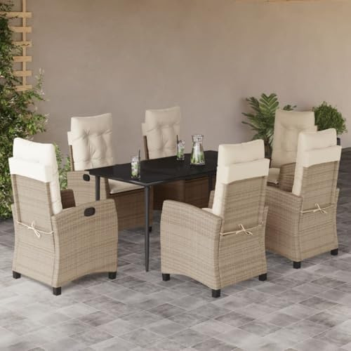 QJBSAVVA 7-Teiliges Poly-Rattan Gartenmöbel Set Beige 160x80 cm mit Glas-Tisch und verstellbaren Liegen Sitzgruppe Outdoor für Balkon Terrasse Garten
