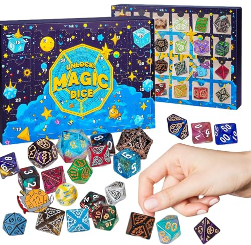 Polyhedral Dice Advent Calendars, 24 Day of Christmas Mystery Dice Countdown Calendar, 24 Pieces Random Styles Dices & Pins Badges, Bulk D D Dices Falling Calendar for RPGMTG Role Playing Table Game
