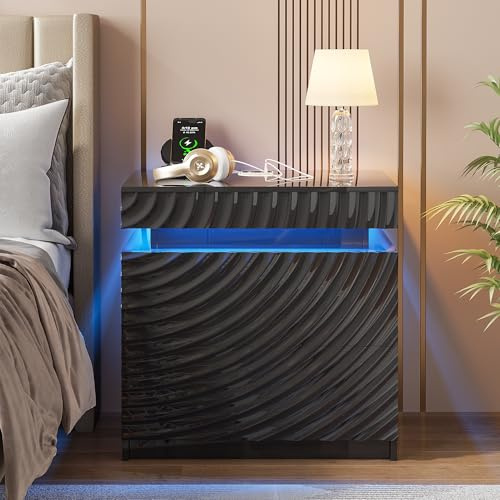 FREDEES Nachttisch mit Ladefunktion & LED-Beleuchtung | 3 Schubladen, Bewegungssensor, USB & Type-C, Versteckter Stauraum, Schlafzimmer, Schwarz