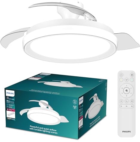 Philips Bliss, Ventilatore a soffitto, 3 pale da 106 cm e luce LED, Bianco | Pale retrattili, Luce smart, 4500 lm, 3000-6500 K, Regolabile fino al 5%, Telecomando incluso