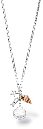 Purelei Ocean Crush Kette für Damen, Halskette aus Edelstahl mit Maritimen Anhängern, Muschel, Seestern und Fisch, Verstellbare Statement Kette 40–45 cm, Silber