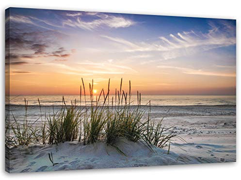 Feeby Bilder Nordsee Ostsee Landschaft 70x50 cm 1 Teilig Wohnzimmer Schlafzimmer Büro Flur Küche Wandbilder Modern Bild auf Leinwand Wanddekoration Kunstdruck Strand Wasser Meer Sand Sonnenuntergang