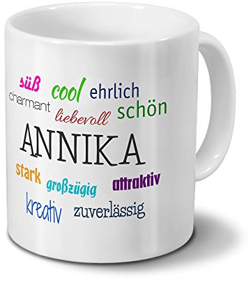 printplanet Tasse mit Namen Annika - Positive Eigenschaften von Annika - Namenstasse, Kaffeebecher, Mug, Becher, Kaffeetasse - Farbe Weiß