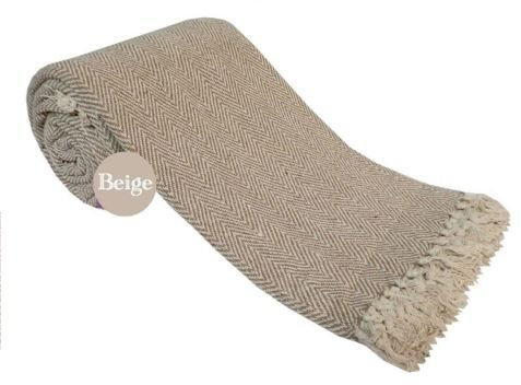 Artistic Fashionista Luxury Pure 100% Cotton HERRINGBONE Super Soft Woven Sofa Bed Throw Blanket Bedspread Settee Cover With Tasselled Edging (Extra Large 90x100, Beige)