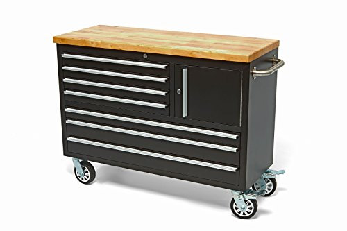 HBM Mobiler Werkzeugwagen mit Holzarbeitsplatte - 122 cm - Schwarz