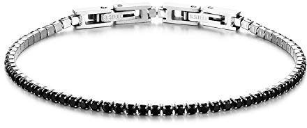 JewelryWe Tennisarmband Damen Armband mit Zirkonia: Schwarz Edelstahl Tennis Armband Verstellbar Armkette Armreif Fußkettchen mit abnehmbarem Verschluss Elegant Schmuck 2mm Breit 18cm Länge