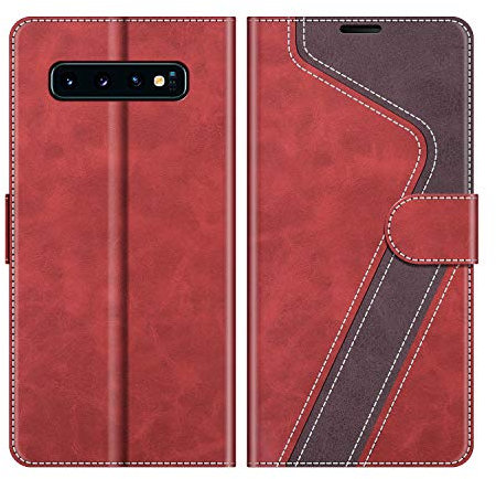 MOBESV Hülle für Samsung Galaxy S10 Plus Handyhülle, Lederhülle mit Kartenfach, Klapphülle mit Ständer, Flip Case Handytasche Schutzhülle, Modisch Rot