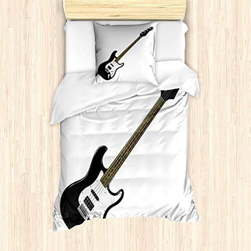 ABAKUHAUS Gitarre Bettbezug Set für Einzelbetten, Vier String Bass Musik, Milbensicher Allergiker geeignet mit Kissenbezug, Karamell Weiß Schwarz