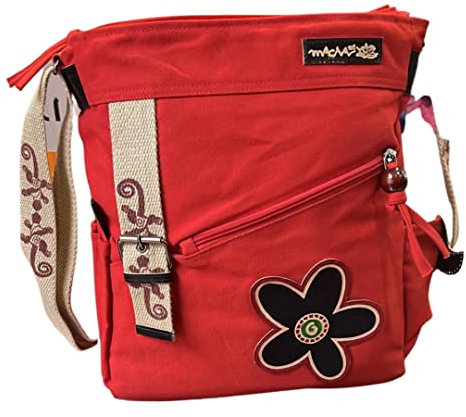 Macha Ethno-Handtasche aus Baumwolle mit bunten Drucken und Ledereinsätzen, aus Baumwolle und Leder, für Damen, Ethno-Look, bunt (Rot)