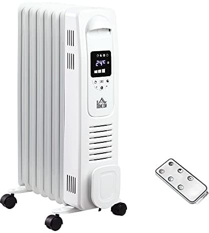 HOMCOM 1500W Digital Oil Filled Radiator, 7 Fin, Portable Electric Heater with LED Display, Built-in Timer, 3 Heat Settings, Safety Cut-Off and Remote Control, White