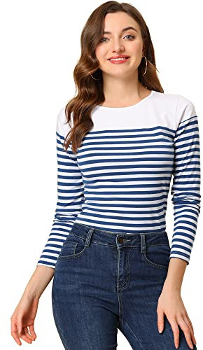 Allegra K Femmes Chemise col Rond Longue Bateau rayé T-Shirt Tops Rayures Bleu Marine et Blanc L