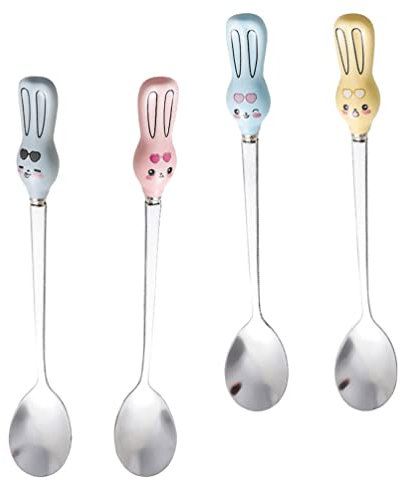 Cabilock 4 Stücke Edelstahl Löffel Hase Kaffeelöffel Rührlöffel Teelöffel Zuckerlöffel Dessertlöffel Eislöffel Kuchenlöffel Kinderlöffel Ostern Servierlöffel für Kaffee Tee Dessert Eisbecher Milch