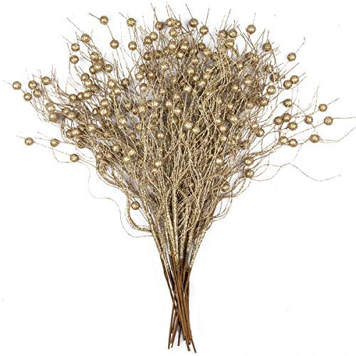 KI Store 20 Stück deko Zweig Champagner Weihnachten äste künstlicher weihnachtszweig 45cm mit Glitzer bastelzweige dekozweig Stem Mistelzweig für Weihnachts deko