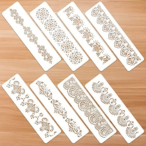 Prasacco 8 Stück Blume Grenze Schablonen, Mandala Schablonen Weiße Kunststoff Malschablonen Kuchendekorationen Schablonen Wiederverwendbare DIY-Bastelschablonen für Malerei, DIY-Kuchen (31,5 x 7,5cm)