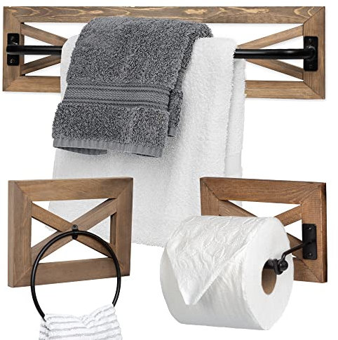 Ilyapa Ensemble de Porte-Serviettes Rustiques Accessoire Salle de Bain avec Anneau Porte-Serviette – Étagère Murale en Bois de Grange et Barre en Métal Noir, Décoration de Ferme