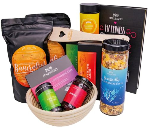 Hallingers Genuss Manufaktur Feinkost Geschenk-Set - XXL-Geschenkkorb Bread & Breakfast Selektion Brotbackmix, Kochbuch, Tee, Müsli, Gewürze, Konfitüre & mehr, Geschenkidee für Frauen Männer