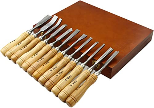 OITTo 12-teiliges Meißel- und Schnitzwerkzeugset, handgeschnitzter Meißel, Wurzelmeißel mit Meißelkopf aus Manganstahl und Buchenholzgriff, hochwertiger Werkzeugkasten aus Holz