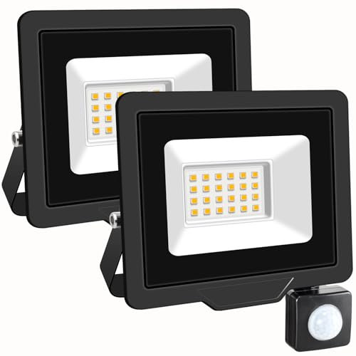 SKYWORLD Security Lights Outdoor Motion Sensor Led 20W, 2000LM Floodlights with PIR Sensor IP66 Waterproof Ultra Thin Garden Light Warm White 4000K for Construction Site, Backyard, Garage 2PCS