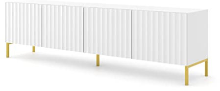Homlando Meuble TV Wave 200 cm 4D avec façades en MDF sur Pieds en métal et Pieds en métal - Meuble TV - Buffet - Commode TV avec 4 Portes - Blanc Mat