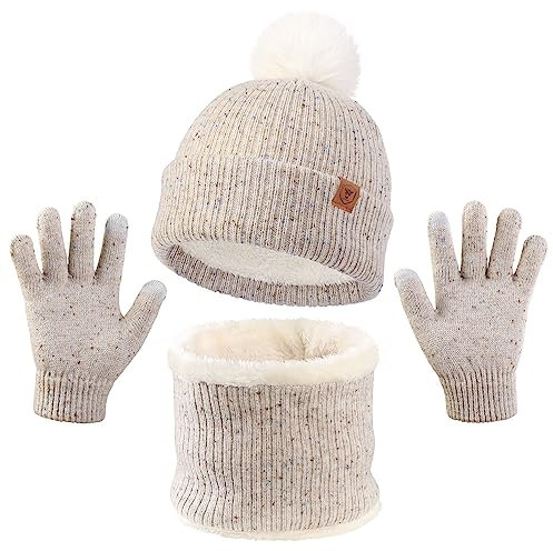 OZERO Kinder Wintermütze Handschuhe Schal Set - Warmes Fleece 3-teiliges Set für Jungen & Mädchen, Weiche Beanie mit Fäustlingen & Halstuch gegen Kälte - Für Kindergarten & Outdoor