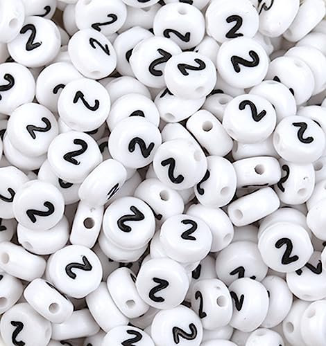 WEstux 100 Stück Zahlenperlen, 4 x 7 mm, Acryl-Zahlenperlen, weiß, rund, Zahl 2 Perlen für Schmuckherstellung, DIY-Armbänder, Halsketten, Schlüsselanhänger (Zahl 2–100 Stück)