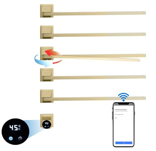 Handtuchwärmer Gebürstetes Gold 93W Intelligentes WLAN Handtuchheizkörper Elektrisch 180°Drehung 5 Stangen Badheizkörper Elektrisch mit Timer 1-24H, 45-60°C, festverdrahteter Handtuchheizung