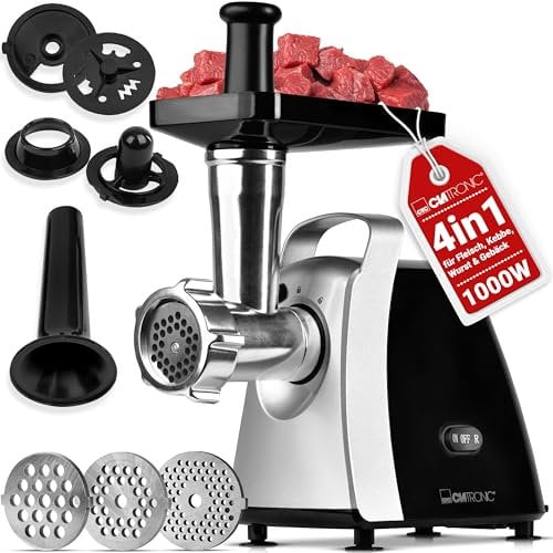Clatronic® Hachoir à viande 1000 W | avec embout pour biscuits/pâtisseries | Hachoir à viande électrique | 3 disques perforés en métal | marche avant et arrière | avec remplissage à saucisses | cou
