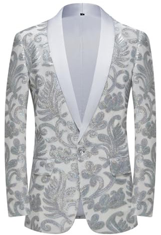PYJTRL Herrenmode Samt Pailletten Blumenmuster Anzugjacke Blazer(Silver,L)