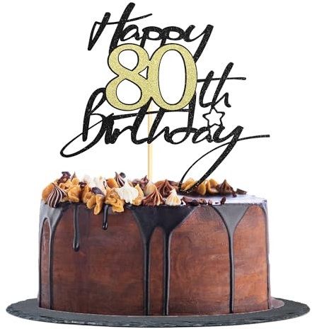 Sotpot 1 Pack 80th Birthday Cake Topper Black Gold Glitter Birthday Cake Decorations for 80th Birthday Theme Party Cake Decorations Supplies
