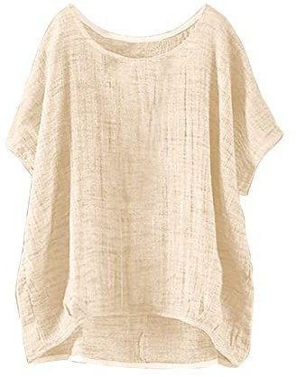 HOOUDO Damen Sommer Kurzarm Leinen Top - Casual Loose Oberteil in Großen Größen - Oversize Shirt Mit Quadratischem Ausschnitt - Rosa