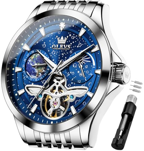 OLEVS Mechanische Herrenuhr, Chronograph, Diamant, Tourbillon, Datum, Mondphase, verstellbares Armband, Geschenk, multifunktional, Blau/Schwarz/Gold/Silber, Zifferblatt für Herren, G6705: Silbernes