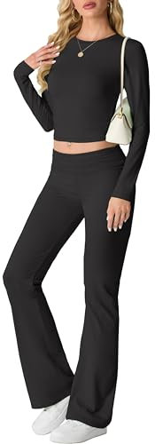 IWOLLENCE Hausanzug Damen Jogginganzug Set Lounge Set 2 Teiler Sportanzug Damen Y2K Outfit Homewear mit Crop Top und Schlaghosen (Schwarz, XXL)