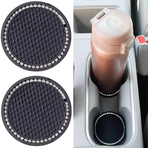 2 Pack PVC Car Coasters, Car Cup Holder Auto Insert Coaster - Car Accessories Sparkly Crystal Cup Mats Anti Slip Universal Vehicle Interior Girly for Girls, Women (black)