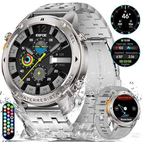 ESFOE GPS Smartwatch Herren Militär 48mm,5ATM&IP69K Wasserdicht/45+Tage Akku,1,43 AMOLED Smartwatch Herren mit Telefonfunktion,Kompass,Barometer,Höhenmesser,170 Sportmodi Fitnessuhr für Android iOS