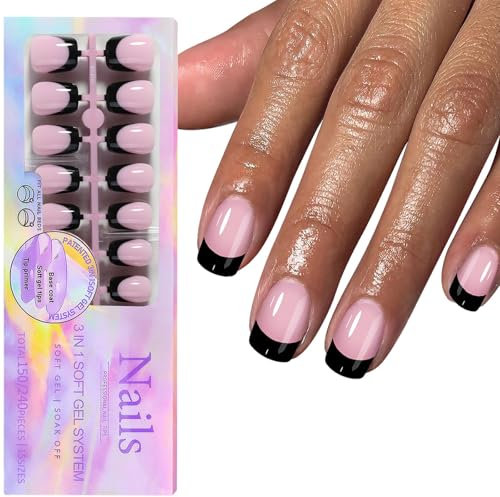 150Pcs Black French Tip Gel Nails Short Coffin Press On Nails Artificial Acrylic Nails Easy Application For Women
