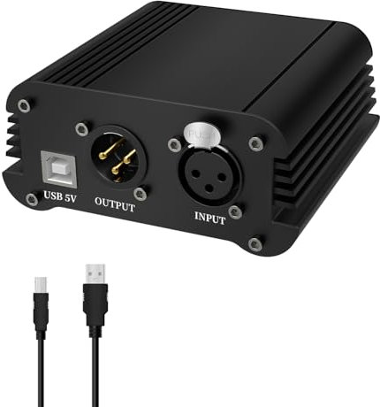 J&D 48V Phantom Power Supply, 1-Channel Design with Adapter, Compatible with Any Condenser Microphones, Ideal for Professional Music Recording and Studio Use, Black