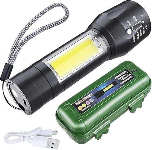 Linterna LED Alta Potencia para Ciclismo Camping, Portátil Linterna 500 Lúmenes 3 Modos USB se puede recargar con el sol, recarga solar, Alto Rendimiento Montañismo Reparación del Coche estuche verde