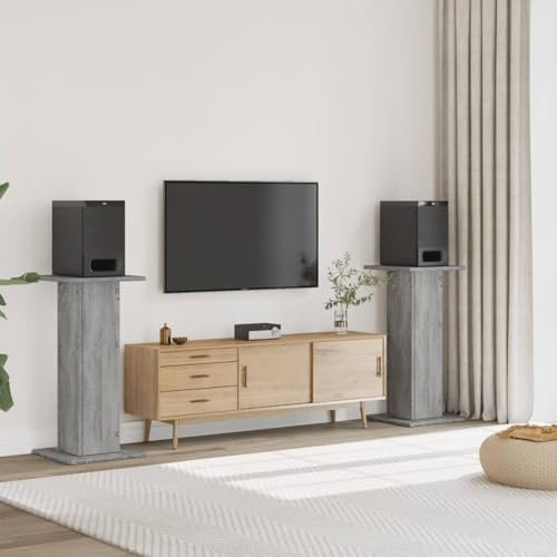 Gecheer Supports de Haut-parleurs 2 pcs Gris Sonoma Bois d'ingénierie, Paire de Pieds d'Enceintes, Support D'enceinte Universel Type D
