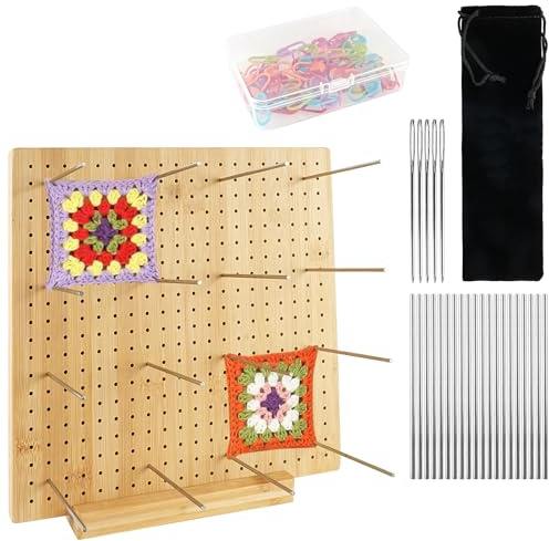 11 Crochet Blocking Board and Pins with 20 Steel Pins 5 Large Eye Needle | Wooden Granny Square Blocking Board Crochet Blocker Knitting, Storage Box Storage bag, 30 Stitch Marker, Gifts for Mothers