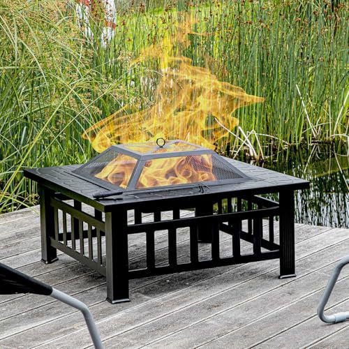 Feuerstelle für Terrasse und Garten in dekorativer Steinoptik, Terrassenofen und Grill mit Grillrost, Kohlerost, Abdeckhaube, Schürhaken und Regenplane