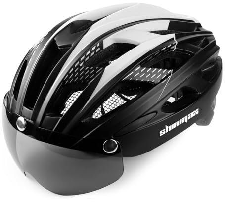 Shinmax Casque de Vélo avec Éclairage LED, Casque Velo pour Homme Femme Casque Vélo avec Lunettes Magnétique Amovible Visiere Casque VTT et VTC avec Éclairage de Sécurité Casque Cyclisme Route NR-096