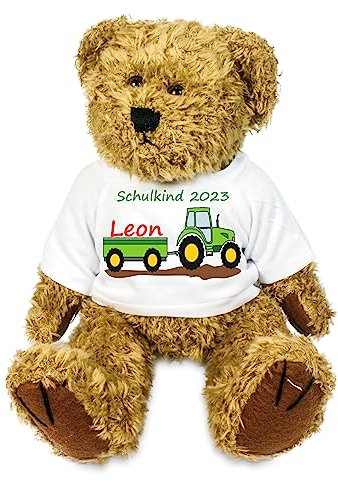 Kilala personalisierter Bär mit Traktor Kuscheltier für die Zuckertüte Schultüte mit Wunschname zur Einschulung Glücksbringer