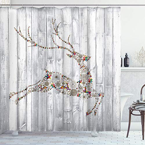 ABAKUHAUS Hirsch Duschvorhang, Weihnachten Tier Rustikal, Stoffliches Gewebe Badezimmerdekorationsset mit Haken, 175 x 180 cm, Mehrfarbig Grau