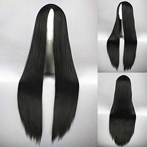 FuHouse 100cm Lolita Lange Gerade Perücke mit Pony Mädchen Halloween Cosplay Anime Perücke (Schwarz-35C)