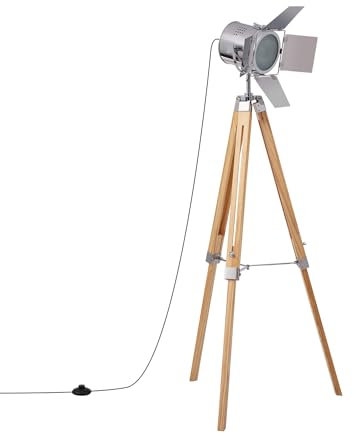 LEDKIA LIGHTING - Lampada da Terra Bioskop | Design Rustico con Gambe in Legno e Paralume in Metallo | Compatibile con Lampadina E27 fino a 40W | Uso Interno, IP20, Argento