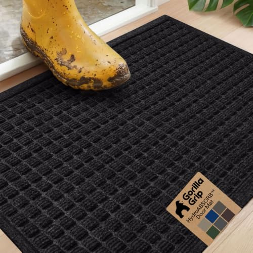 GORILLA GRIP® Ultra Absorbent Front Door Mat Outside Entrance, Traps Dirt and Moisture, HydroABSORB Indoor Outdoor Doormat Holds Up to 1.7 Cups Water, Stain and Fade Resistant Welcome Mat, 29x17 Black
