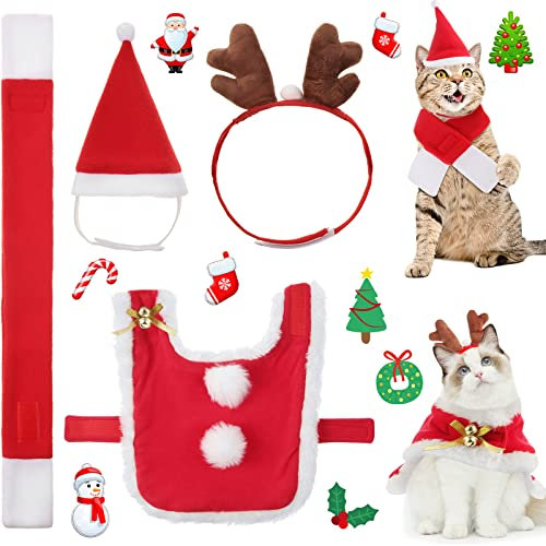 Syhood 4 Stück Haustier Weihnachten Kostüm Katze Weihnachtsmütze und Schal Weihnachten Haustier Kleidung Set Hund Welpe Kätzchen Cosplay Einstellbare Verkleidung Accessoires für Kleine Katze