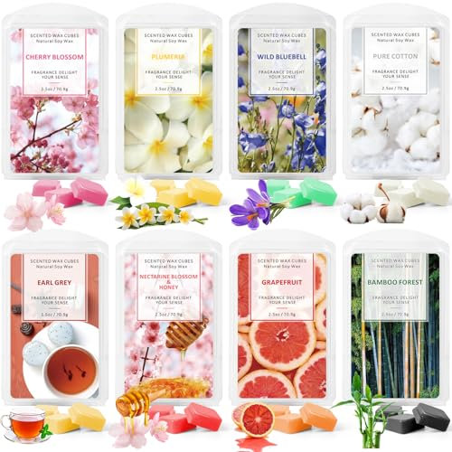 LA BELLEFÉE Duftwachs Wax Melts 100% Sojawachs, Duftwachswürfel für Raumdüfte, Duftwachs für Duftlampe, Wax Melts für Kerzen Wärmer, Geschenke für Weihnachte, 8 Düfte Kirschblüte, Earl Grey, Baumwolle