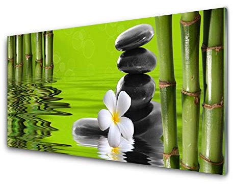 Tulup Glasbilder 100x50cm - Wandbild Druck auf Glas XXL Panorama-Bild Wandbilder aus Echt-Glas Sicherheitsglas Kunstdruck für Küche Wohnzimmer Bambusrohre Blume Steine Kunst