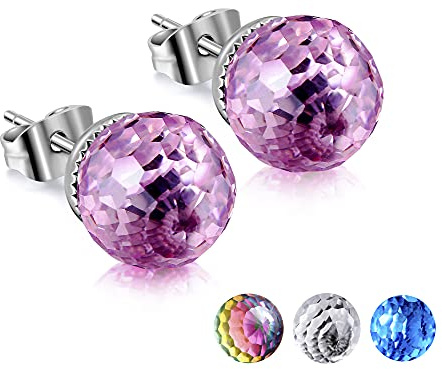 Kim Johanson Pendientes de acero inoxidable para mujer, color rosa, aguamarina, cristal transparente y aurora, con cristales auténticos, joyas bohemias en plata, incluye bolsa para joyas, Acero